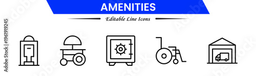 Amenities icons depicting facilities, services, comfort, convenience, hospitality, utilities, features, accommodation, leisure, accessibility, essentials, infrastructure, support, and modern living.