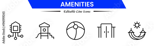 Amenities icons depicting facilities, services, comfort, convenience, hospitality, utilities, features, accommodation, leisure, accessibility, essentials, infrastructure, support, and modern living.
