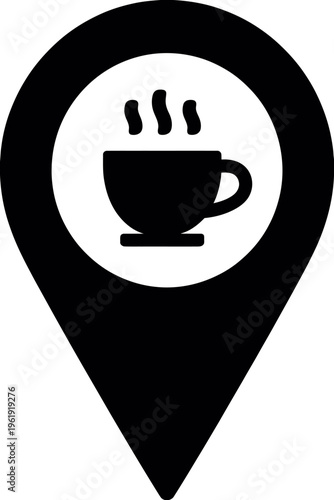 Black map pin icon with steaming cup of coffee inside white circle