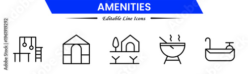 Amenities icons depicting facilities, services, comfort, convenience, hospitality, utilities, features, accommodation, leisure, accessibility, essentials, infrastructure, support, and modern living.