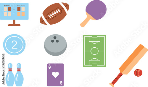 Sports Equipment and Game Icon Set with Football Cricket Bat Bowling Pins Table Tennis Paddle Cards and Playground Elements Vector Illustration Design.