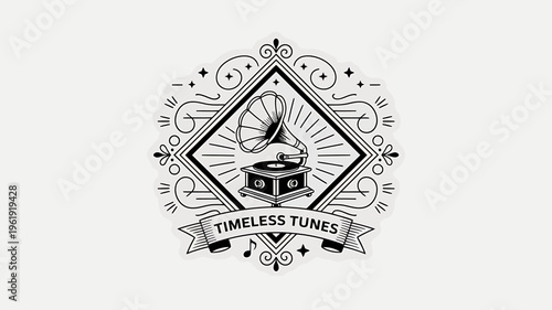 Timeless Tunes vinyl record player illustration with decorative elements and banner