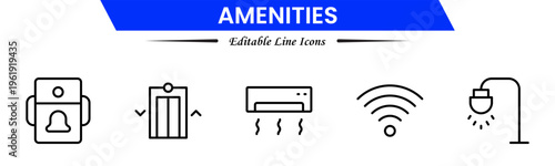 Amenities icons depicting facilities, services, comfort, convenience, hospitality, utilities, features, accommodation, leisure, accessibility, essentials, infrastructure, support, and modern living.