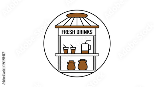 Fresh drinks stand with beverages and jugs on shelves in a circular icon design