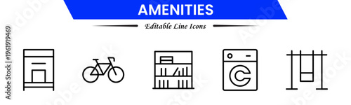 Amenities icons depicting facilities, services, comfort, convenience, hospitality, utilities, features, accommodation, leisure, accessibility, essentials, infrastructure, support, and modern living.