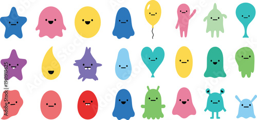 Minimal Kawaii Blob Character Set with Cute Colorful Shapes Simple Cartoon Mascots for Kids Stickers Apps and Playful Vector Illustration Design.