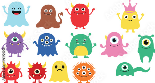 Adorable Cartoon Monster Characters Collection with Cute Funny Creatures Fantasy Mascots for Kids Stickers Games and Playful Vector Illustration Design.