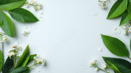 Minimal Spring Background with Green Leaves and White Flowers Frame Copy Space