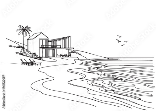 Beachfront Bungalow Home. Sketch, doodles. Holiday place. Summer house