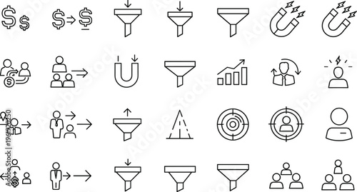 Digital marketing funnel and customer acquisition outline icon set targeting analytics conversion strategy growth business editable minimal vector collection