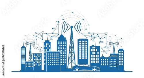 Smart city illustration depicting wireless connectivity and urban infrastructure