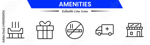 Amenities icons depicting facilities, services, comfort, convenience, hospitality, utilities, features, accommodation, leisure, accessibility, essentials, infrastructure, support, and modern living.