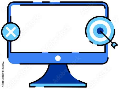 Office Blue Target Monitor and Cross Mark Icon Editable Color Vector