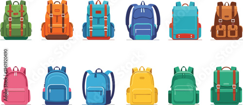 Backpack collection with school bags and travel backpacks, colorful rucksack set for students, hiking and everyday use, vector illustration for design and branding