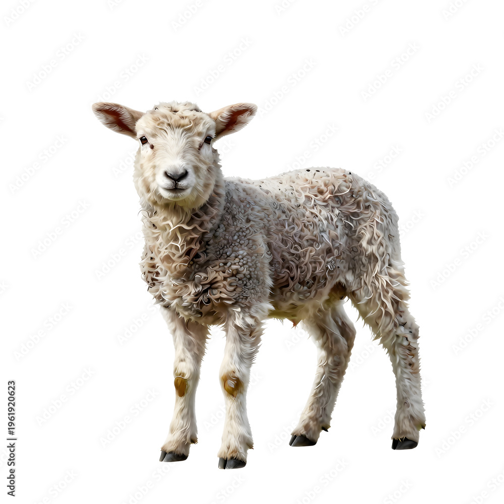 Obraz premium Front view of a fluffy lamb standing on a white background