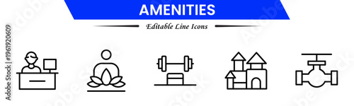Amenities icons depicting facilities, services, comfort, convenience, hospitality, utilities, features, accommodation, leisure, accessibility, essentials, infrastructure, support, and modern living.