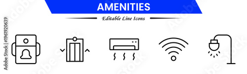Amenities icons depicting facilities, services, comfort, convenience, hospitality, utilities, features, accommodation, leisure, accessibility, essentials, infrastructure, support, and modern living.