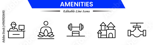 Amenities icons depicting facilities, services, comfort, convenience, hospitality, utilities, features, accommodation, leisure, accessibility, essentials, infrastructure, support, and modern living.