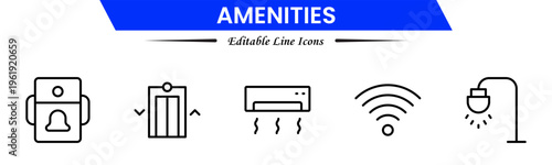 Amenities icons depicting facilities, services, comfort, convenience, hospitality, utilities, features, accommodation, leisure, accessibility, essentials, infrastructure, support, and modern living.
