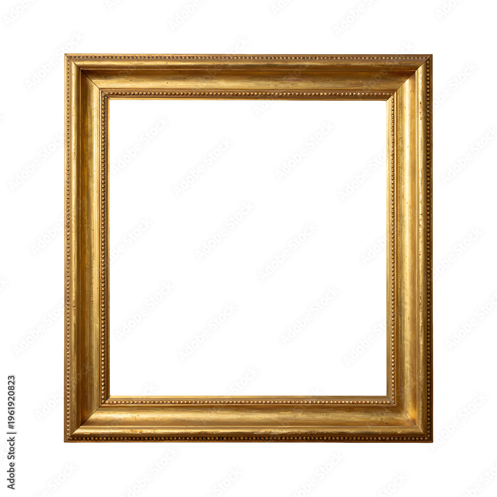 Fototapeta premium Elegant gold picture frame is displayed against a white backdrop with soft shadows