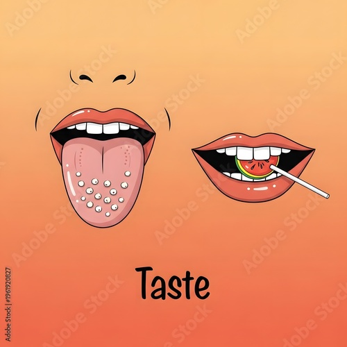 Vibrant cartoon illustrations exploring the intricate human sense of taste, featuring detailed tongue anatomy and the delightful experience of enjoying a sweet fruity lollipop treat