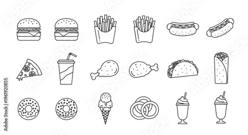 Fast Food Icons - Burger, Fries, Pizza, and More in Line Art.