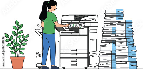 Young woman using a large office printer next to a massive stack of papers for business documentation.