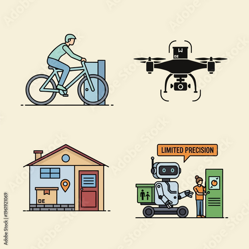 Delivery services concept with bicycle drone robot and house  modern logistics and transportation solutions