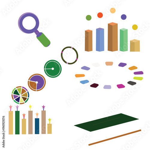 Colorful graphical icons representing various data visualization techniques and tools
