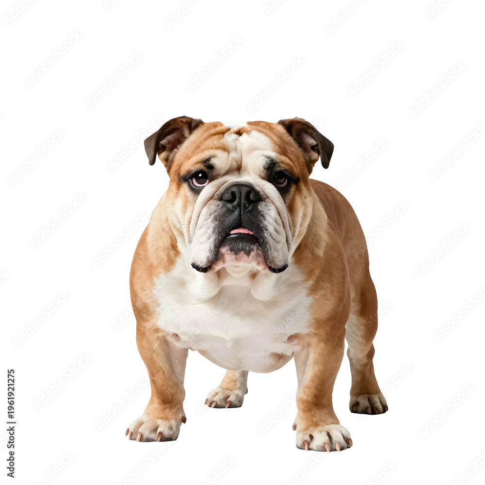 Obraz premium English bulldog stands while looking forward with its tongue slightly sticking out