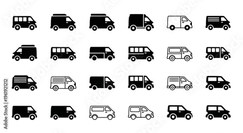 Collection of Van Icons: Diverse Styles, Black and White Vector Graphics for Transport and Logistics