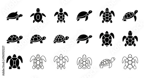 Turtle Icon Set: Diverse Collection of Sea and Land Turtle Silhouettes