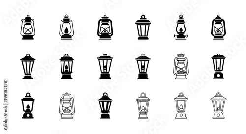 Collection of Vintage Lantern Icons: Old Lamps, Retro Lighting, and Outdoor Illumination Symbols
