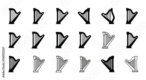 Collection of Harp Icons: Black and White Silhouettes and Line Art