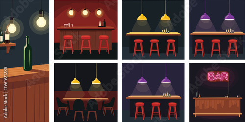 Bar interior scenes set with stools, tables, lighting and drinks cozy nightlife pub vector illustration collection