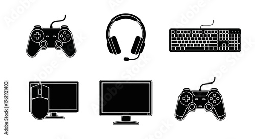 Gaming Accessories Icon Set: Keyboard, Mouse, Monitor, Headphones, Game Controllers