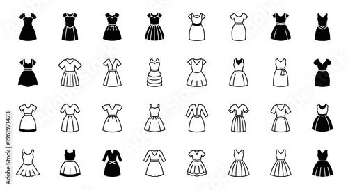 Collection of Hand-Drawn Fashionable Dresses, Vector Icons