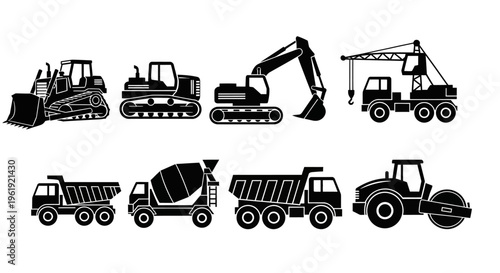 Construction Vehicles Set: Bulldozer, Excavator, Crane, Trucks, Roller, Cement Mixer