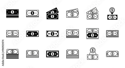 Money Icons Set: Dollar Bills and Coins, Financial Symbols, Business and Finance Vector Graphics