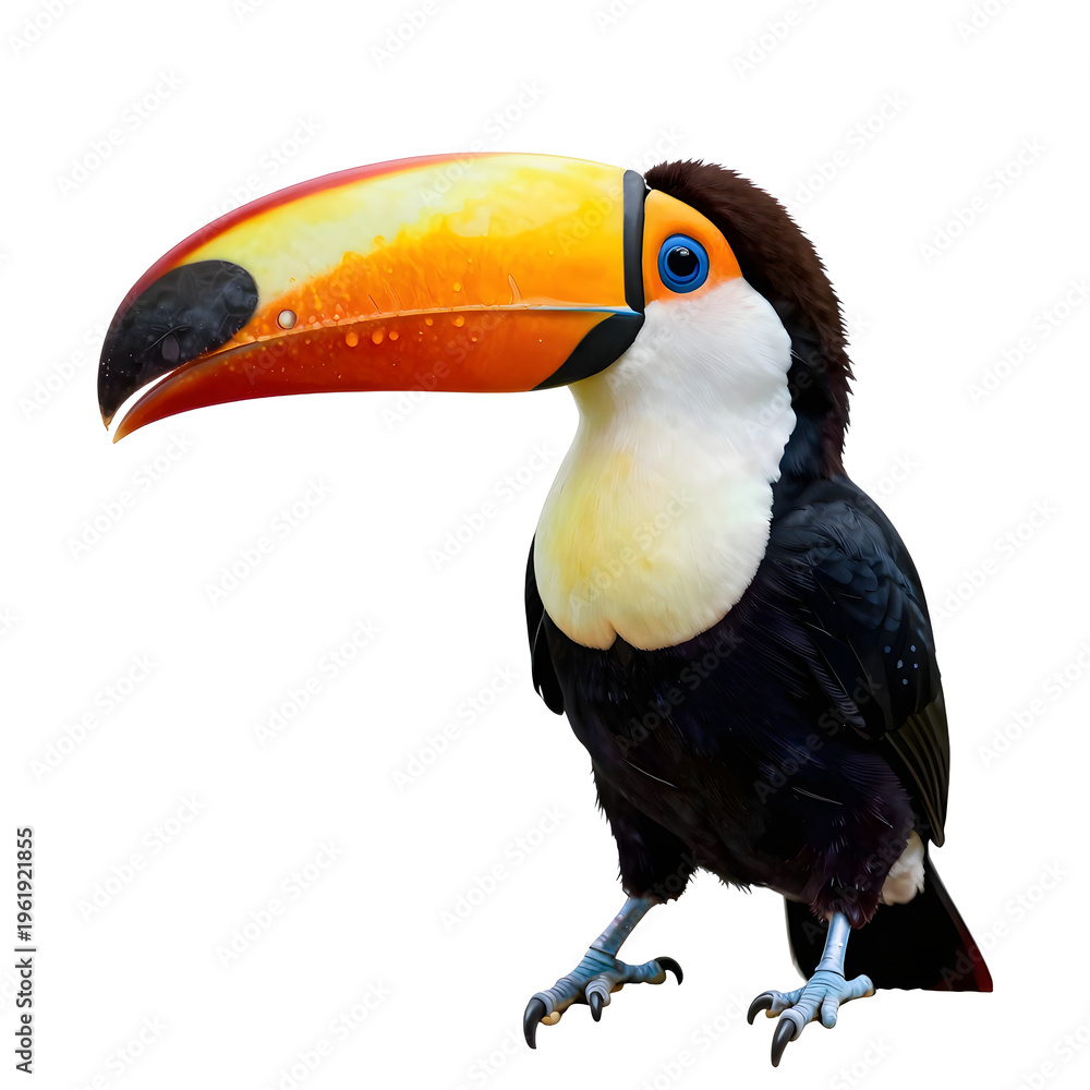 Obraz premium Colorful toucan stands isolated against white backdrop in eye-level studio shot