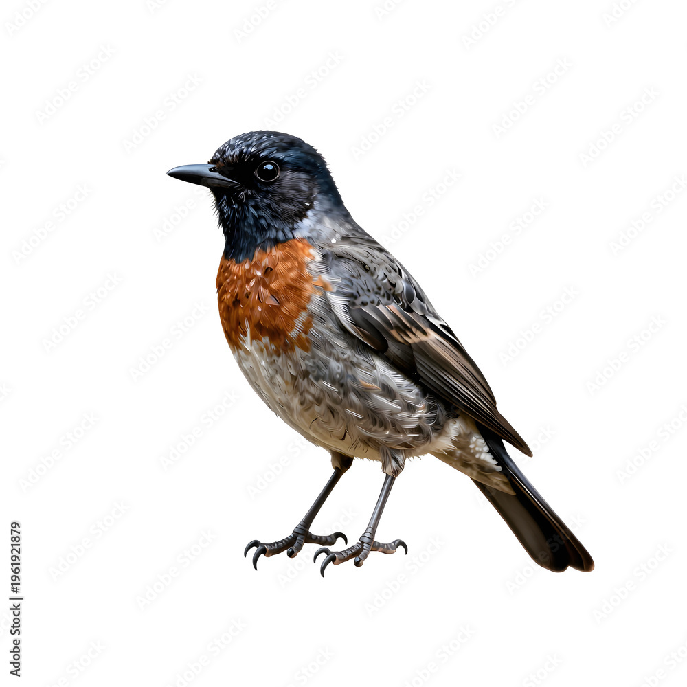 Fototapeta premium Detailed illustration of a european stonechat perching on a white backdrop in profile view