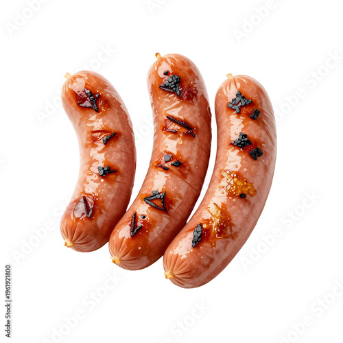 Grilled sausages are displayed on a white background ready for consumption