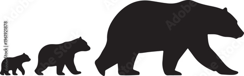 Silhouette of a mother bear and her two cubs walking in a line on a white background
