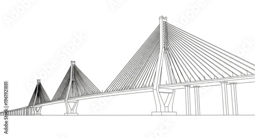 Detailed Line Art Depiction of a Cable-Stayed Bridge Structure.