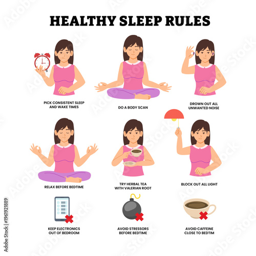Healthy sleep rules infographic medical poster design with woman female character cartoon, labeled consistent sleep, relax before bedtime, avoid caffeine. Bedtime routine for good sleep at night.