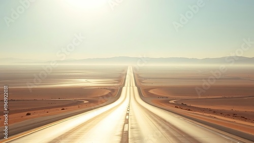 cynic. A long desert highway under a harsh sun with heat haze on the horizon. travel magazines, destination branding, designed for outdoor magazines and nature guides, used by social media managers.