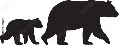 Silhouette of a mother bear and her cub walking side by side in a natural outdoor setting with a white background