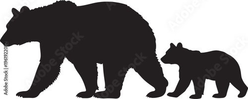 Silhouette of a mother bear and her cub walking side by side in a peaceful natural environment with a white background