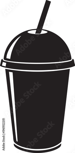 Black silhouette of a disposable plastic cup with lid and straw for cold drinks isolated.
