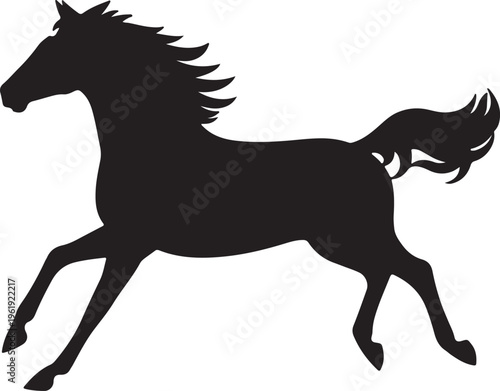 A black silhouette of a horse in motion running or galloping to the left with a flowing mane and tail